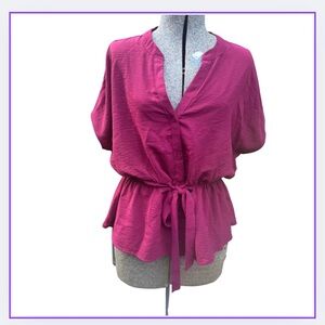 Timing Burgundy Button-Up Blouse with Waist Tie